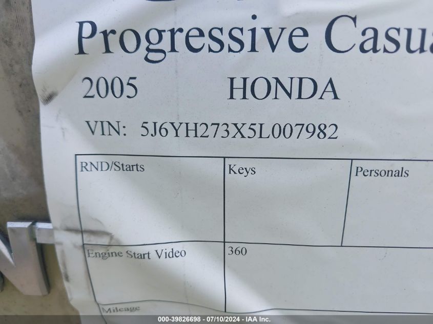 2005 Honda Element Lx VIN: 5J6YH273X5L007982 Lot: 39826698