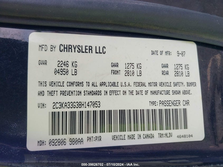 2008 Chrysler 300 Limited VIN: 2C3KA33G38H147053 Lot: 39826702