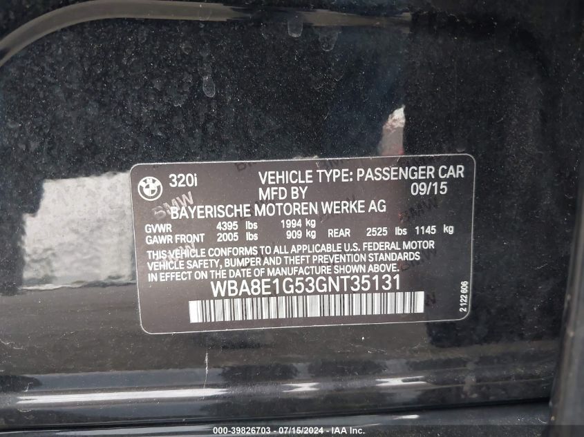 2016 BMW 320 I VIN: WBA8E1G53GNT35131 Lot: 39826703