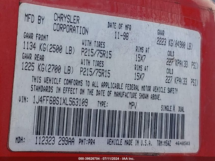 1999 Jeep Cherokee Classic/Sport VIN: 1J4FF68S1XL563109 Lot: 39826704