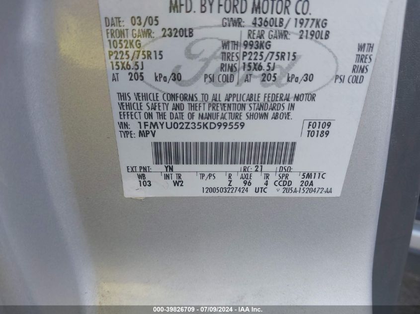 2005 Ford Escape Xls VIN: 1FMYU02Z35KD99559 Lot: 39826709