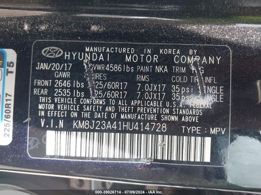 2017 Hyundai Tucson Se VIN: KM8J23A41HU414728 Lot: 39826714