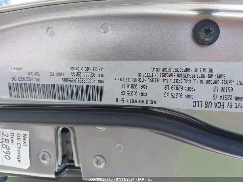 2018 Chrysler 300 300S VIN: 2C3CCABG6JH295885 Lot: 39826718