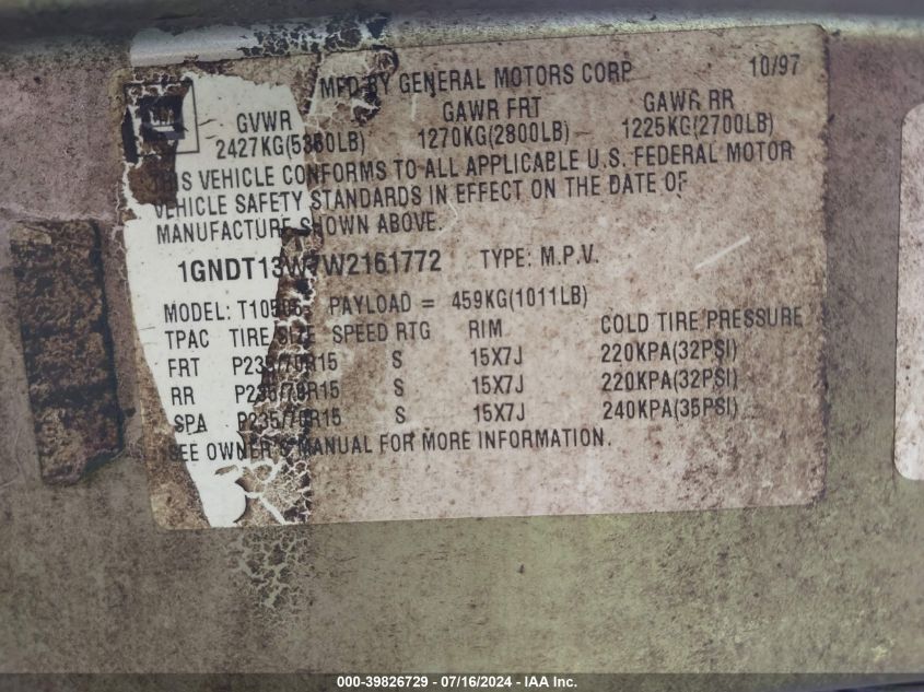 1998 Chevrolet Blazer Lt VIN: 1GNDT13W7W2161772 Lot: 39826729