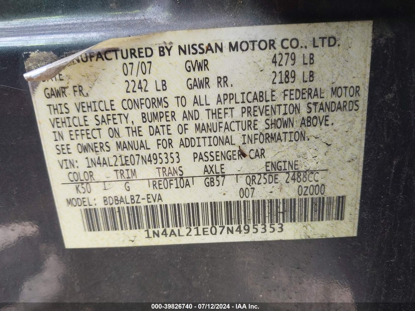 2007 Nissan Altima 2.5/2.5S VIN: 1N4AL21E07N495353 Lot: 39826740