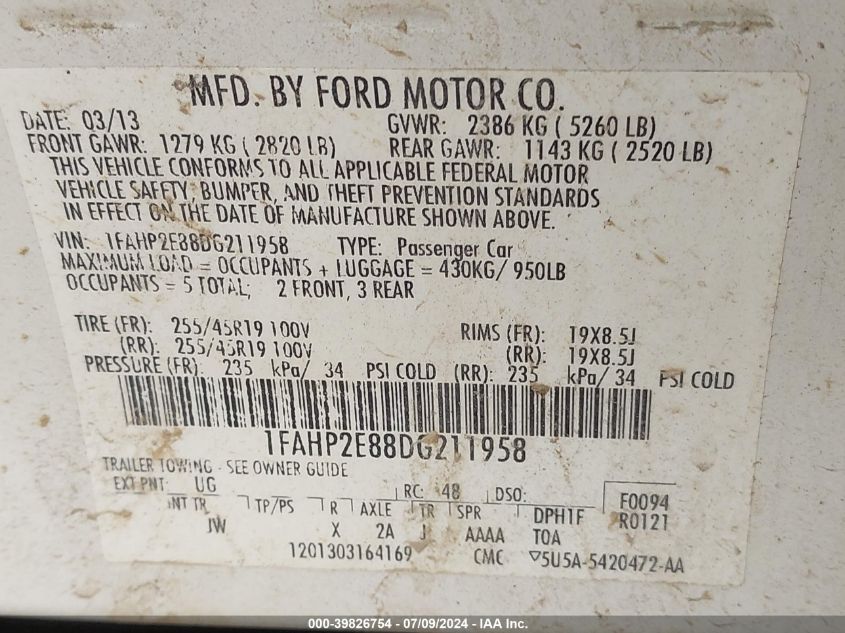 1FAHP2E88DG211958 | 2013 FORD TAURUS