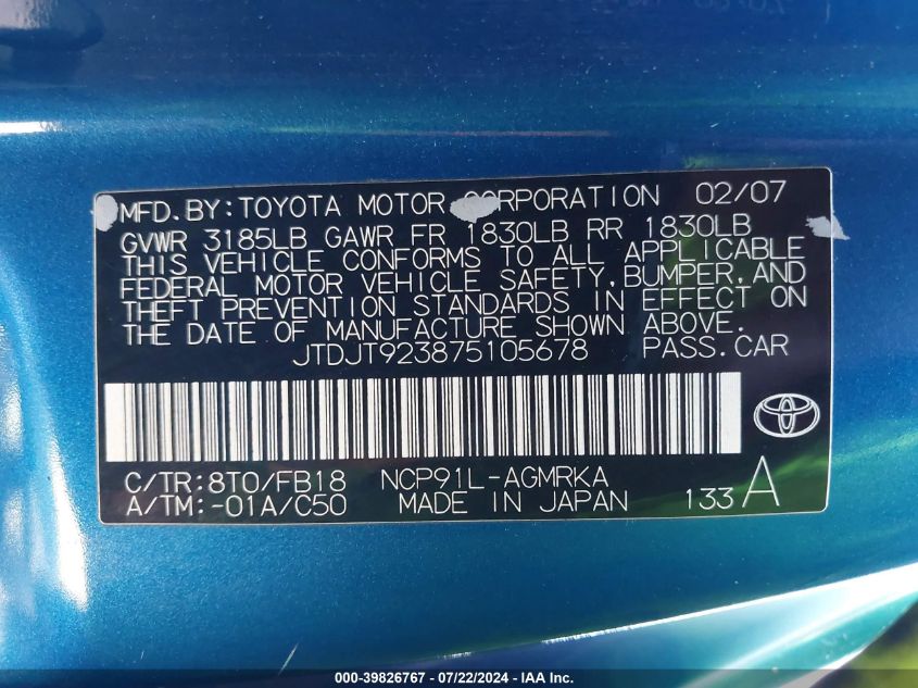 2007 Toyota Yaris VIN: JTDJT923875105678 Lot: 39826767