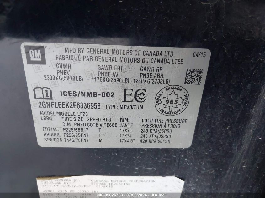 2015 Chevrolet Equinox Ls VIN: 2GNFLEEK2F6336958 Lot: 39826768
