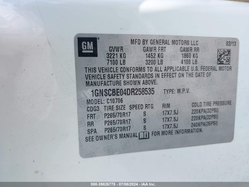 2013 Chevrolet Tahoe Lt VIN: 1GNSCBE04DR258535 Lot: 39826778