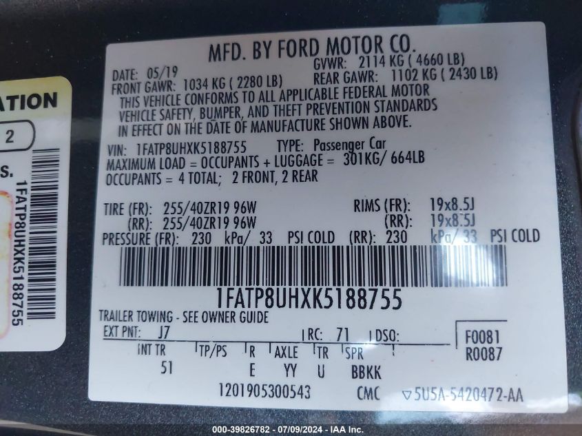 2019 Ford Mustang VIN: 1FATP8UHXK5188755 Lot: 39826782