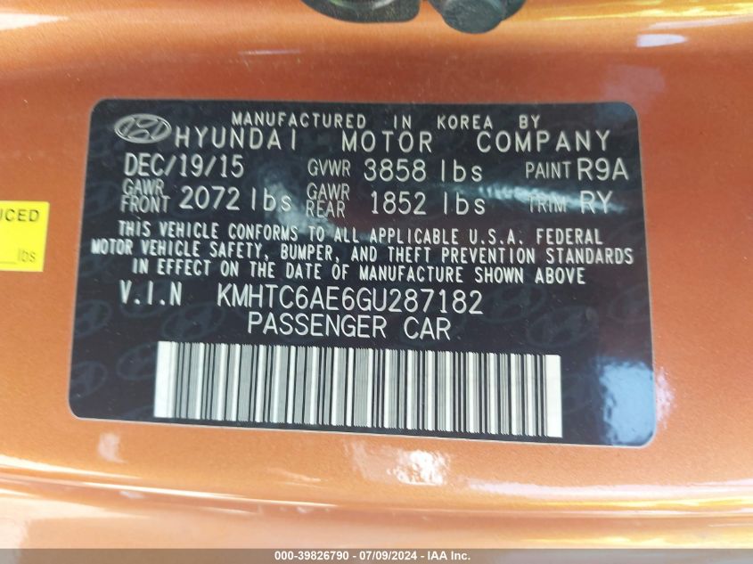 2016 Hyundai Veloster Turbo VIN: KMHTC6AE6GU287182 Lot: 39826790