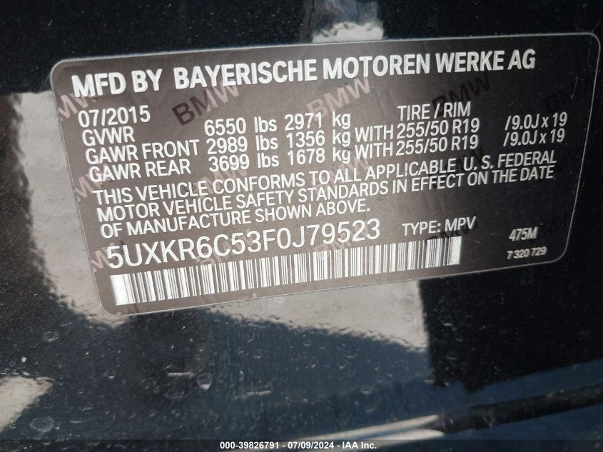 2015 BMW X5 xDrive50I VIN: 5UXKR6C53F0J79523 Lot: 39826791