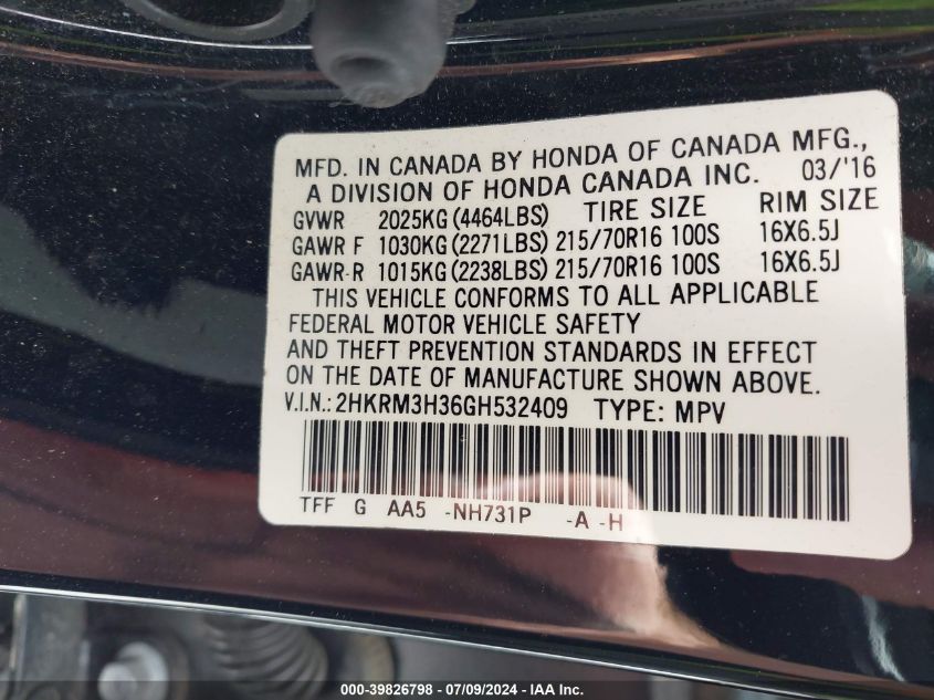 2016 Honda Cr-V Lx VIN: 2HKRM3H36GH532409 Lot: 39826798