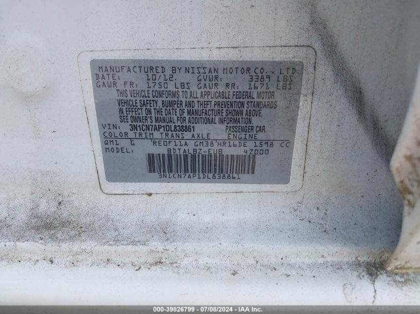 2013 Nissan Versa 1.6 Sv VIN: 3N1CN7AP1DL838861 Lot: 39826799