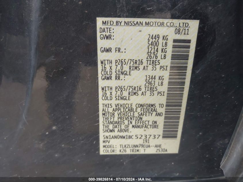 2011 Nissan Xterra Off Road/S/Se VIN: 5N1AN0NW1BC523737 Lot: 39826814