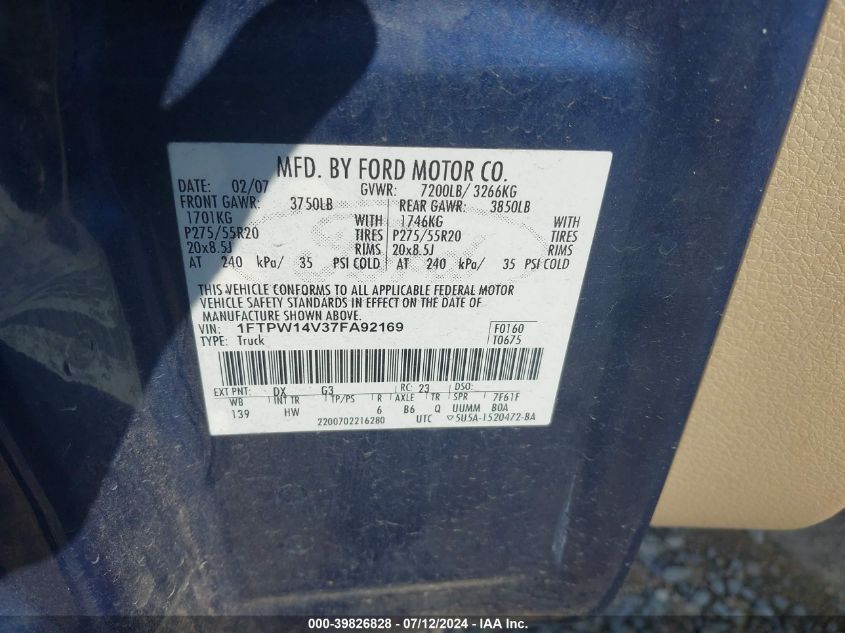 2007 Ford F-150 Fx4/Lariat/Xlt VIN: 1FTPW14V37FA92169 Lot: 39826828