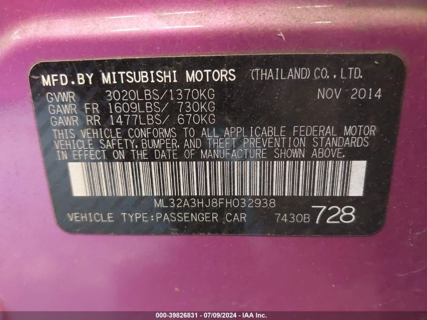 2015 Mitsubishi Mirage De VIN: ML32A3HJ8FH032938 Lot: 39826831