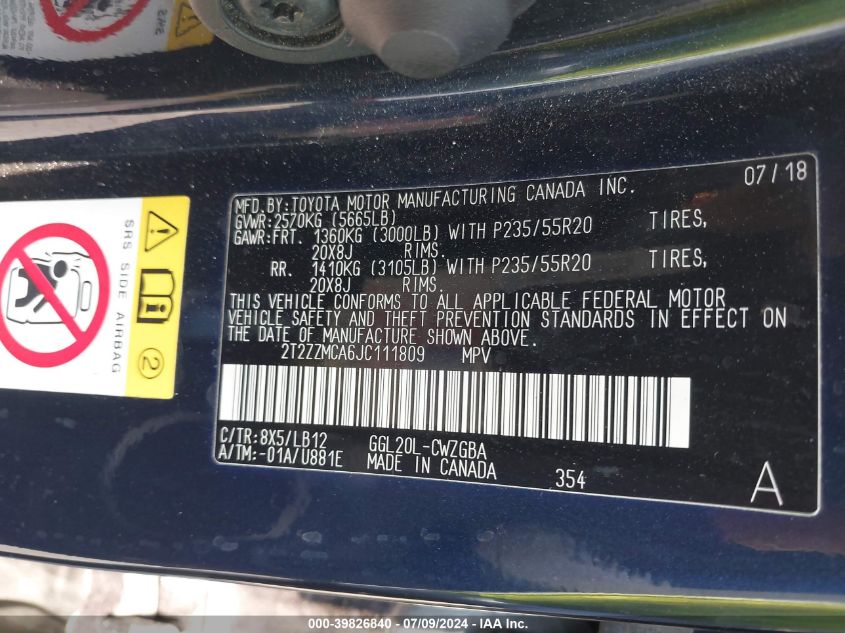 2018 Lexus Rx 350 VIN: 2T2ZZMCA6JC111809 Lot: 39826840