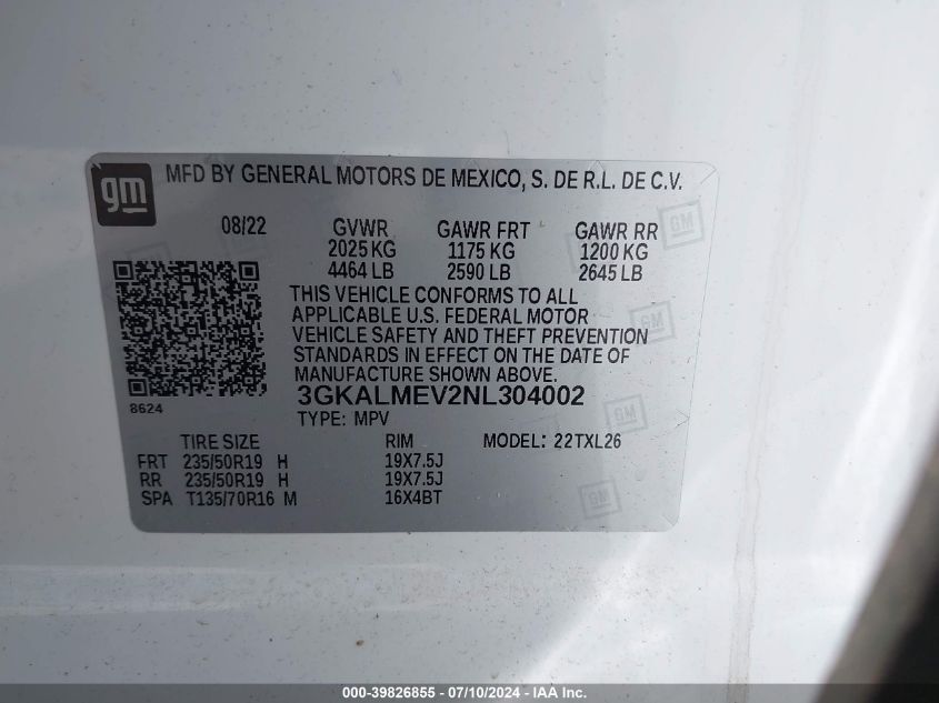 2022 GMC Terrain Fwd Sle VIN: 3GKALMEV2NL304002 Lot: 39826855