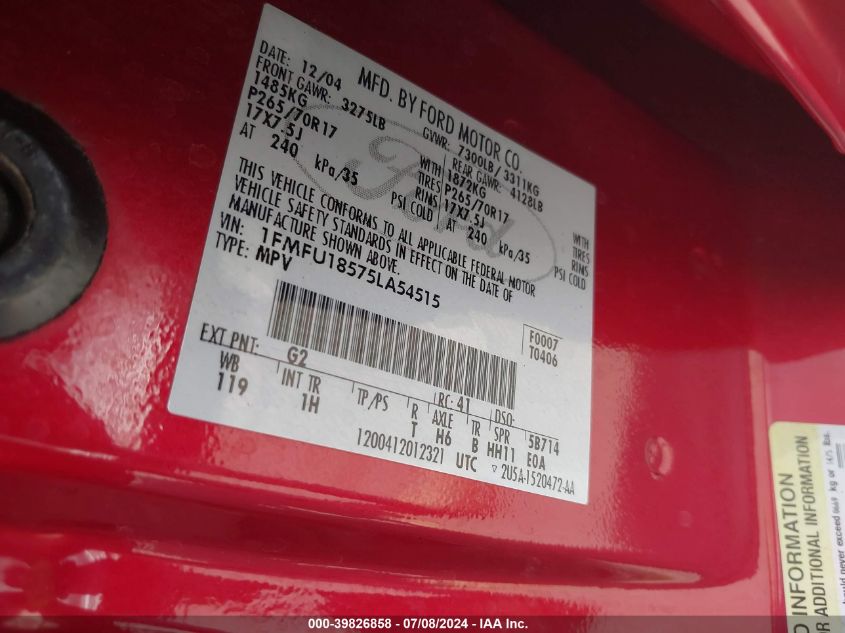 2005 Ford Expedition Eddie Bauer/King Ranch VIN: 1FMFU18575LA54515 Lot: 39826858