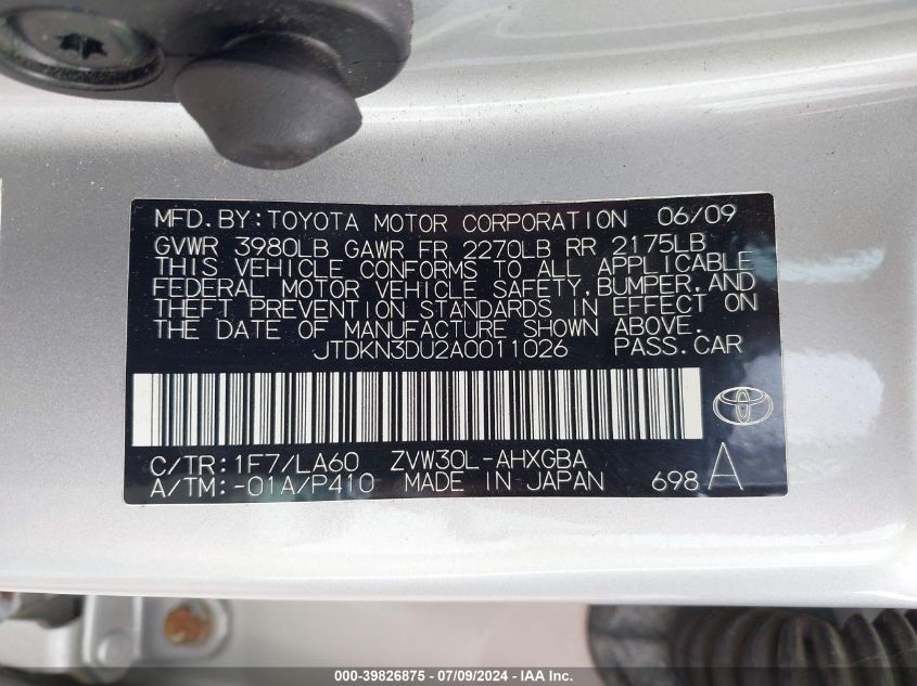 2010 Toyota Prius Iv VIN: JTDKN3DU2A0011026 Lot: 39826875