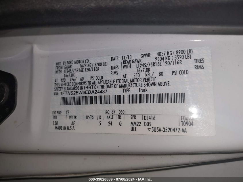 2014 Ford E-250 Commercial VIN: 1FTNS2EW6EDA24487 Lot: 39826889