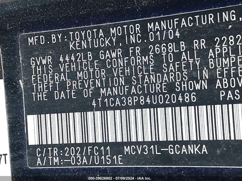 4T1CA38P84U020486 2004 Toyota Camry Solara Se Sport V6