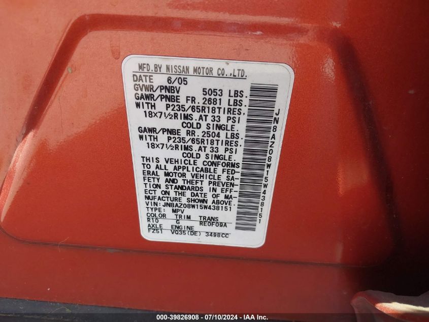 2005 Nissan Murano Sl/Se/S VIN: JN8AZ08W15W438151 Lot: 39826908
