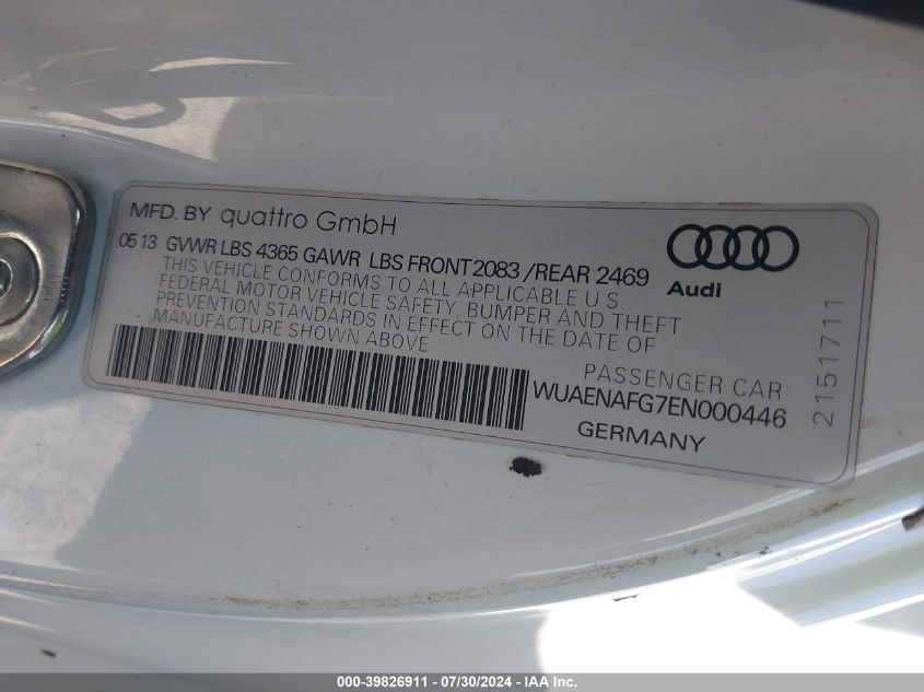 2014 Audi R8 5.2 VIN: WUAENAFG7EN000446 Lot: 39826911