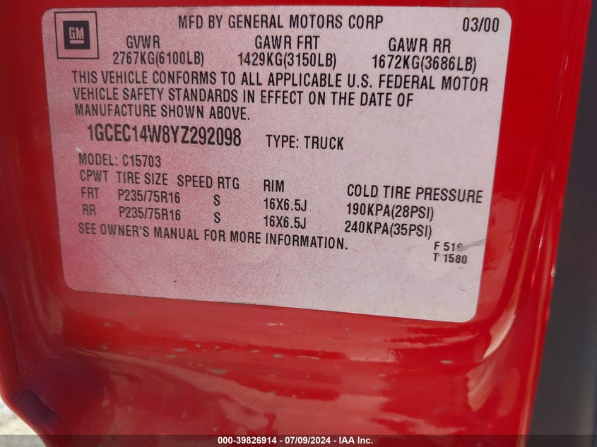 2000 Chevrolet Silverado 1500 VIN: 1GCEC14W8YZ292098 Lot: 39826914