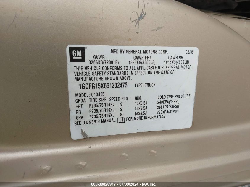 2005 Chevrolet Express VIN: 1GCFG15X651202473 Lot: 39826917