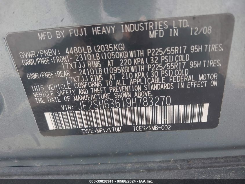 2009 Subaru Forester 2.5X VIN: JF2SH63619H783270 Lot: 39826941