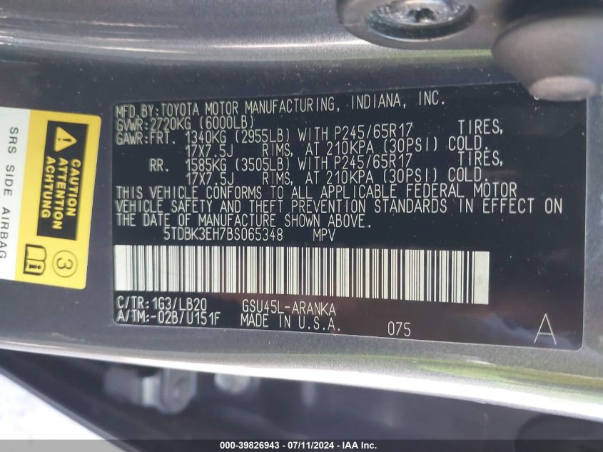 2011 Toyota Highlander Se V6 VIN: 5TDBK3EH7BS065348 Lot: 39826943