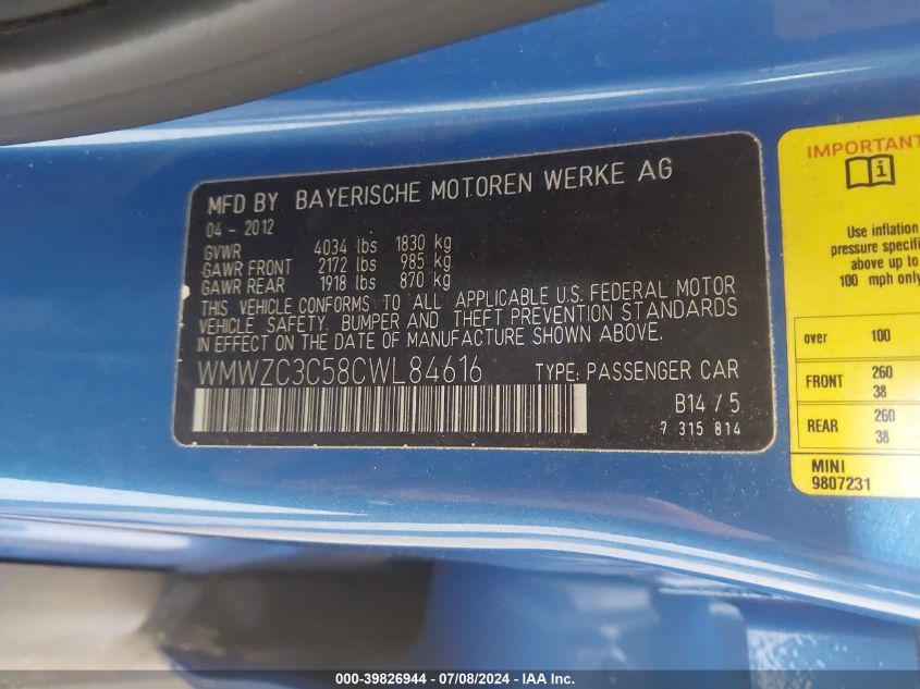 2012 Mini Cooper S Countryman VIN: WMWZC3C58CWL84616 Lot: 39826944