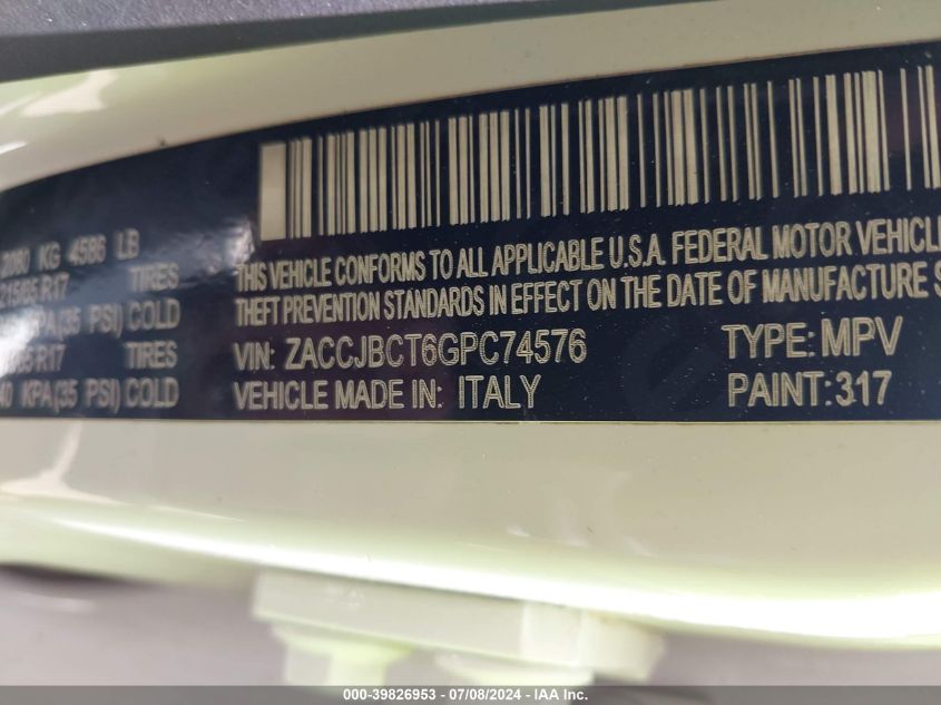 2016 Jeep Renegade Trailhawk VIN: ZACCJBCT6GPC74576 Lot: 39826953