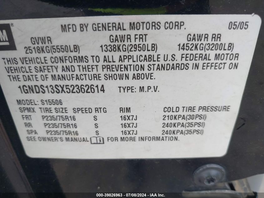 2005 Chevrolet Trailblazer Ls VIN: 1GNDS13SX52362614 Lot: 39826963