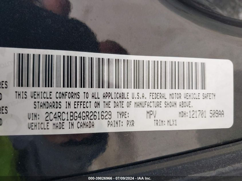 2016 Chrysler Town & Country Touring VIN: 2C4RC1BG4GR261629 Lot: 39826966