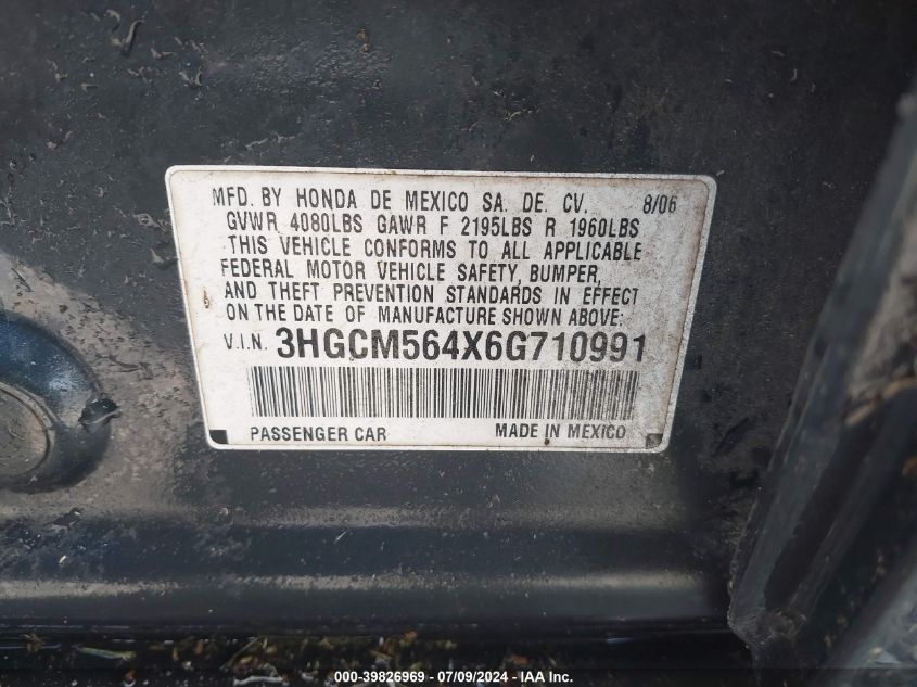 2006 Honda Accord Sdn Lx VIN: 3HGCM564X6G710991 Lot: 39826969