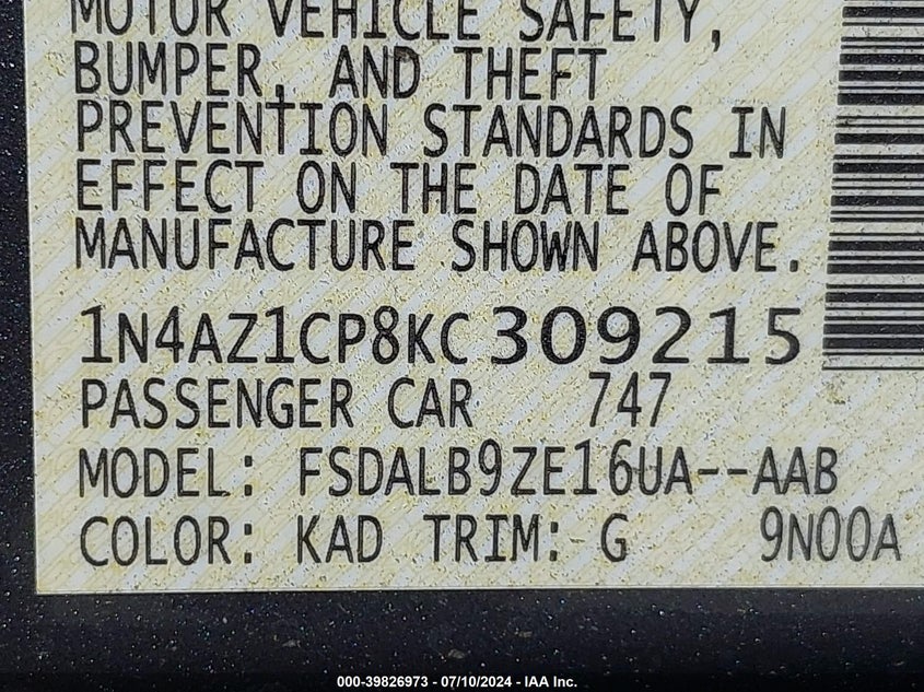 2019 NISSAN LEAF S - 1N4AZ1CP8KC309215