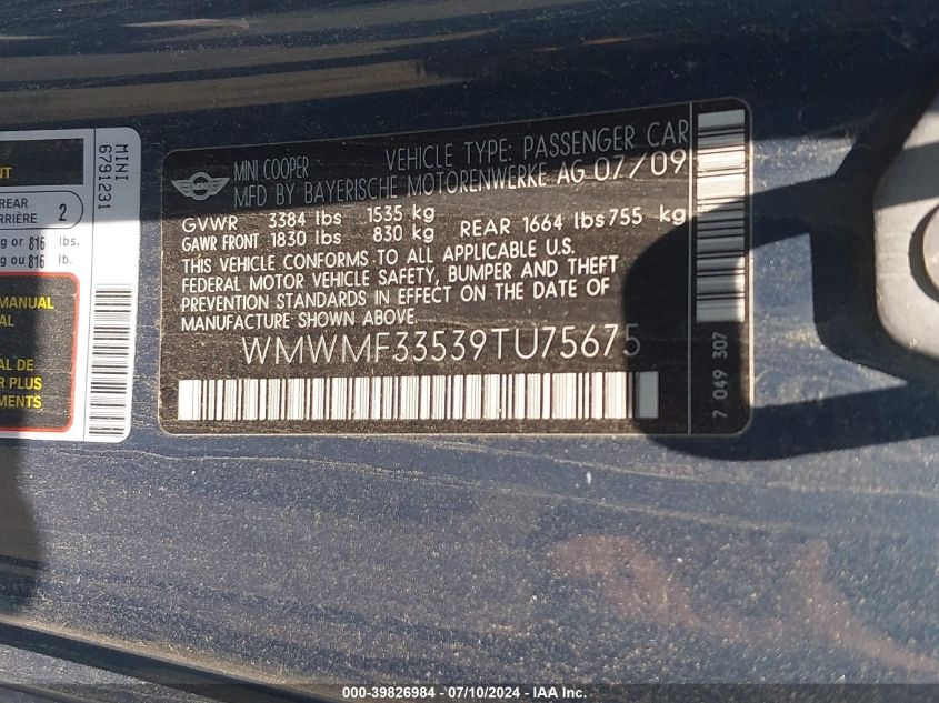 2009 Mini Cooper VIN: WMWMF33539TU75675 Lot: 39826984
