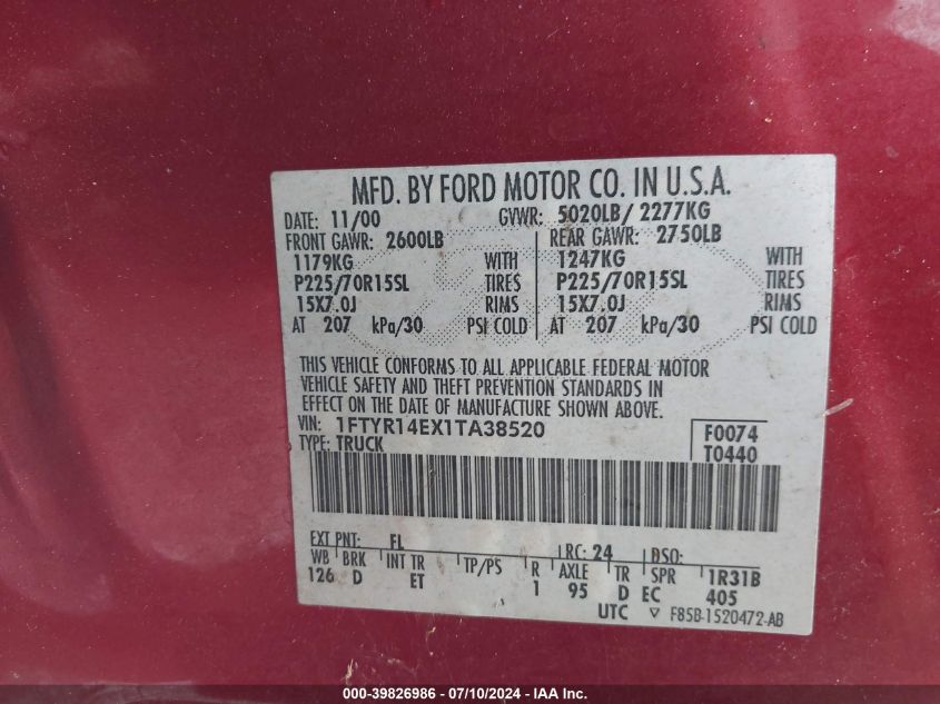 2001 Ford Ranger Edge/Xlt VIN: 1FTYR14EX1TA38520 Lot: 39826986