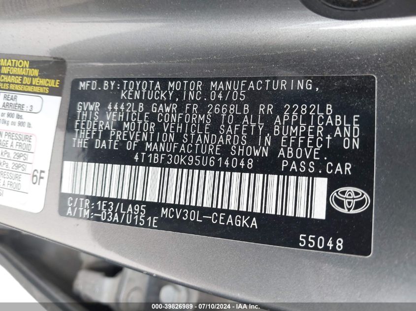 4T1BF30K95U614048 2005 Toyota Camry Le/Xle/Se