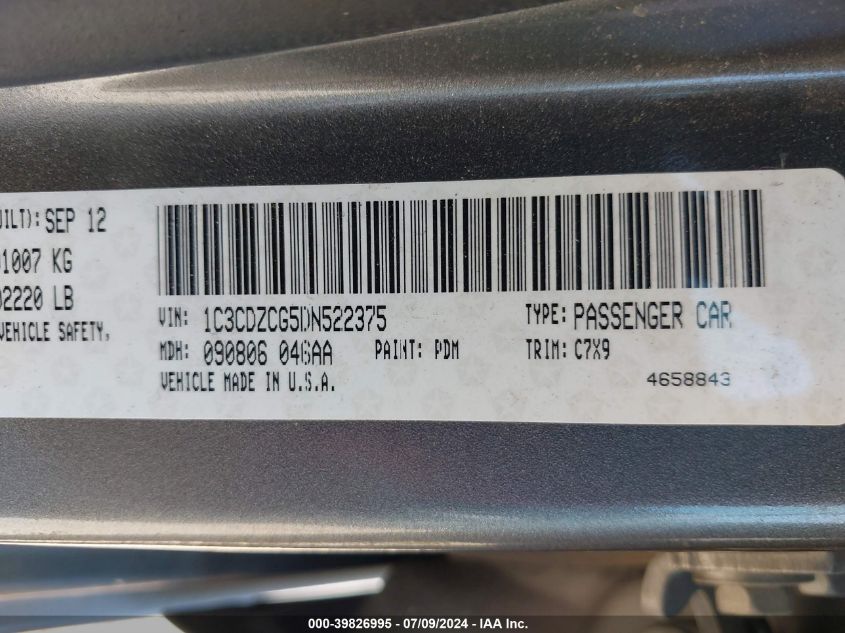 2013 Dodge Avenger Sxt VIN: 1C3CDZCG5DN522375 Lot: 39826995