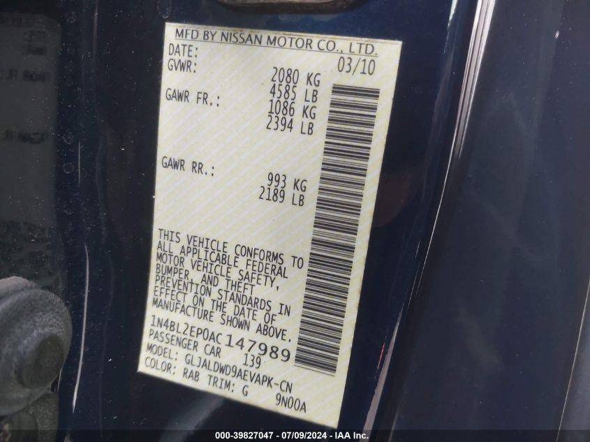 2010 Nissan Altima 3.5 Sr VIN: 1N4BL2EP0AC147989 Lot: 39827047