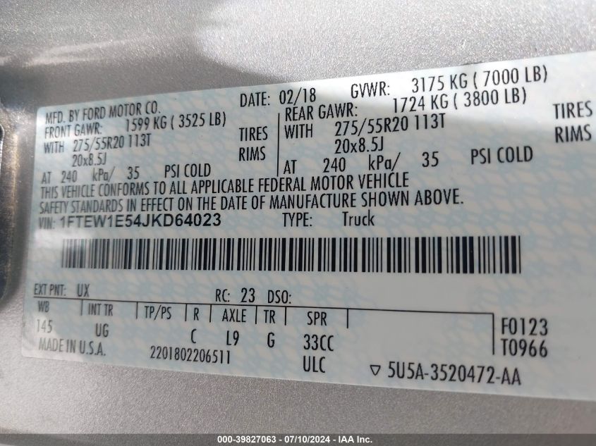 2018 Ford F150 Supercrew VIN: 1FTEW1E54JKD64023 Lot: 39827063