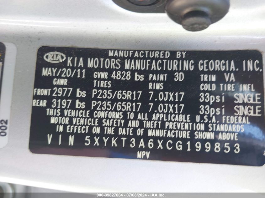 2012 Kia Sorento Lx VIN: 5XYKT3A6XCG199853 Lot: 39827064