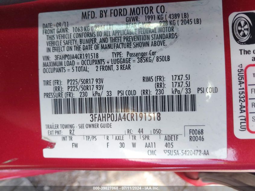 2012 Ford Fusion Sel VIN: 3FAHP0JA4CR191518 Lot: 39827068