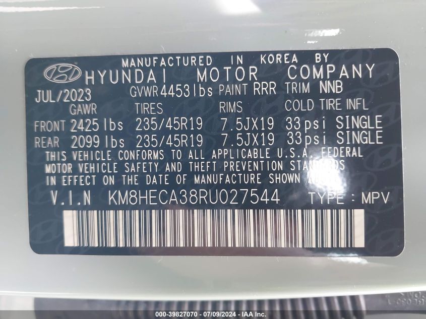 2024 Hyundai Kona Limited VIN: KM8HECA38RU027544 Lot: 39827070