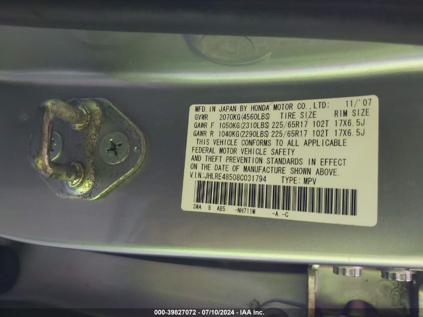 2008 Honda Cr-V Ex VIN: JHLRE48508C031794 Lot: 39827072