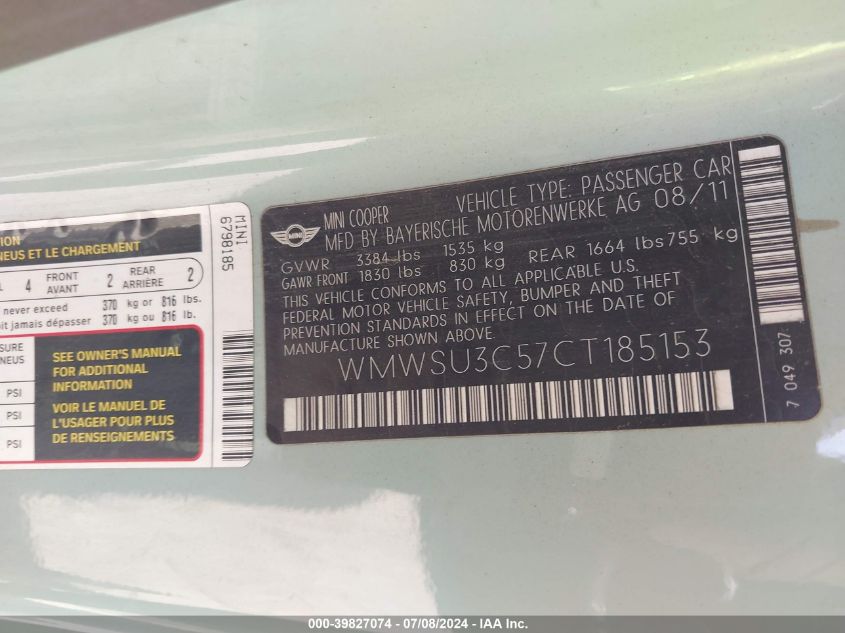 2012 Mini Cooper VIN: WMWSU3C57CT185153 Lot: 39827074